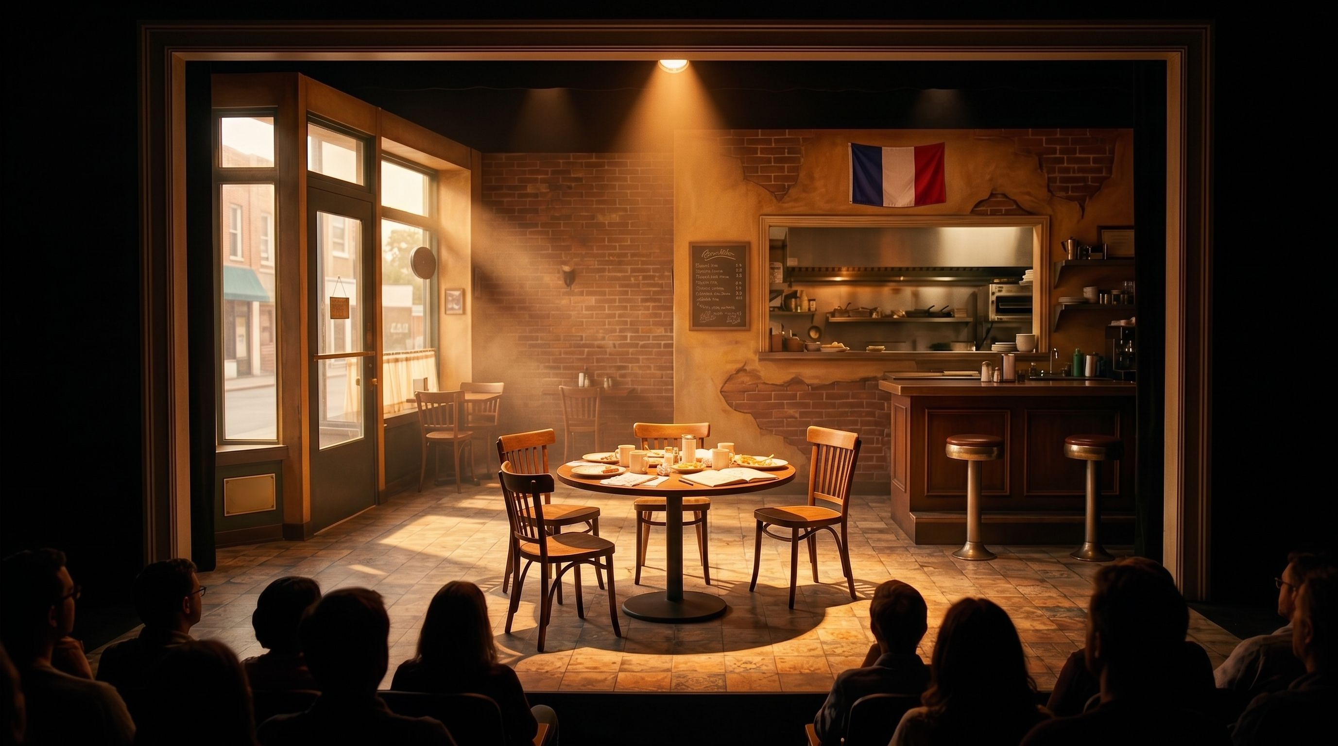The set on a black-box theatre stage: the Hidden City Café interior, table for four, audience in the foreground